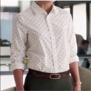 J. Crew “boy fit” women’s button down top, navy polka dots